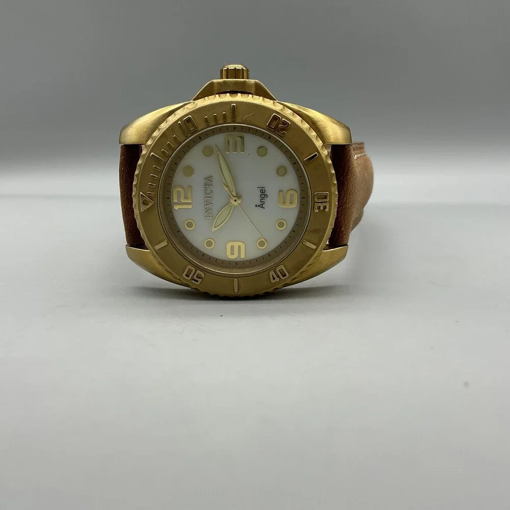 Invicta Angel 15004 Womens Watch 35mm MOP Gold Tone Brown Leather New Battery